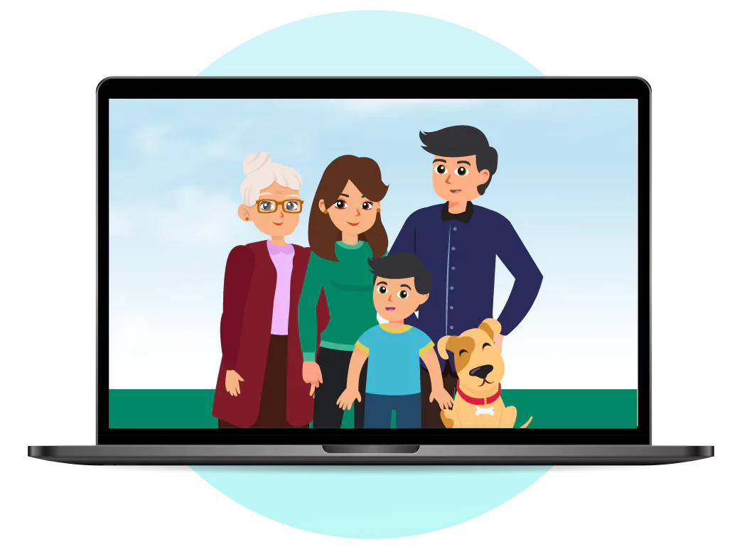 Iconos familia de cuatro con mascota de fondo de pantalla en computadora