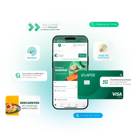 Con Banco LAFISE puedes crear tu Cuenta Digital en minutos Teléfono con bancanet despliega burbujas con los beneficios