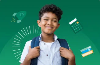 Infante moreno sujetando mochila sonriendo, con vectores escolares Infante moreno sujetando mochila sonriendo, con vectores escolares