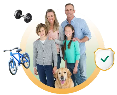 Familia de cuatro, felices posando con su mascota