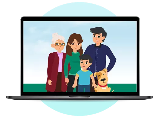 Iconos familia de cuatro con mascota de fondo de pantalla en computadora