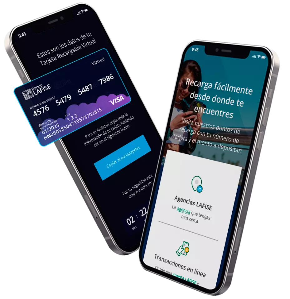 Dos celulares, uno de ellos muestra en la pantalla una tarjeta prepago virtual de LAFISE