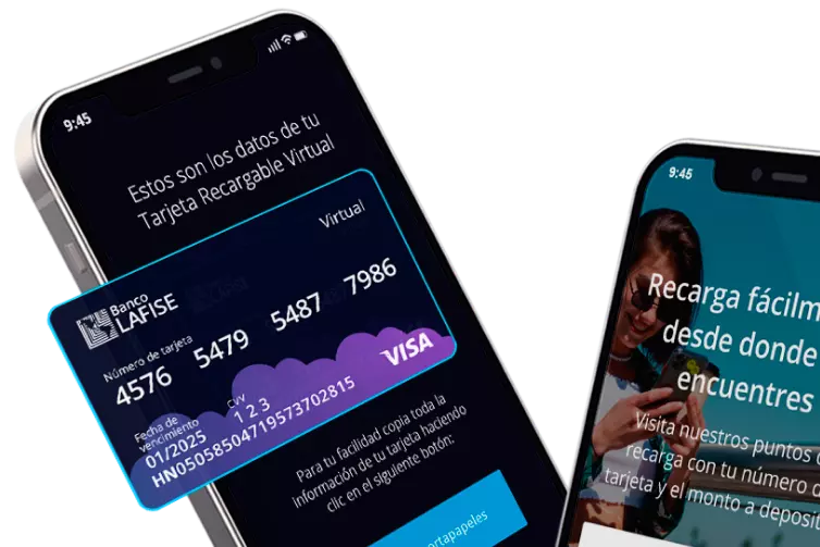 Dos celulares, uno de ellos muestra en la pantalla una tarjeta prepago virtual de LAFISE