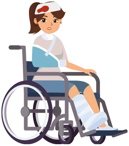 Icono mujer en silla de ruedas con vendas y yeso por todo el cuerpo