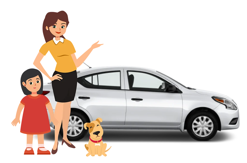 Iconos de mujer, niña y perro con automóvil gris de fondo.