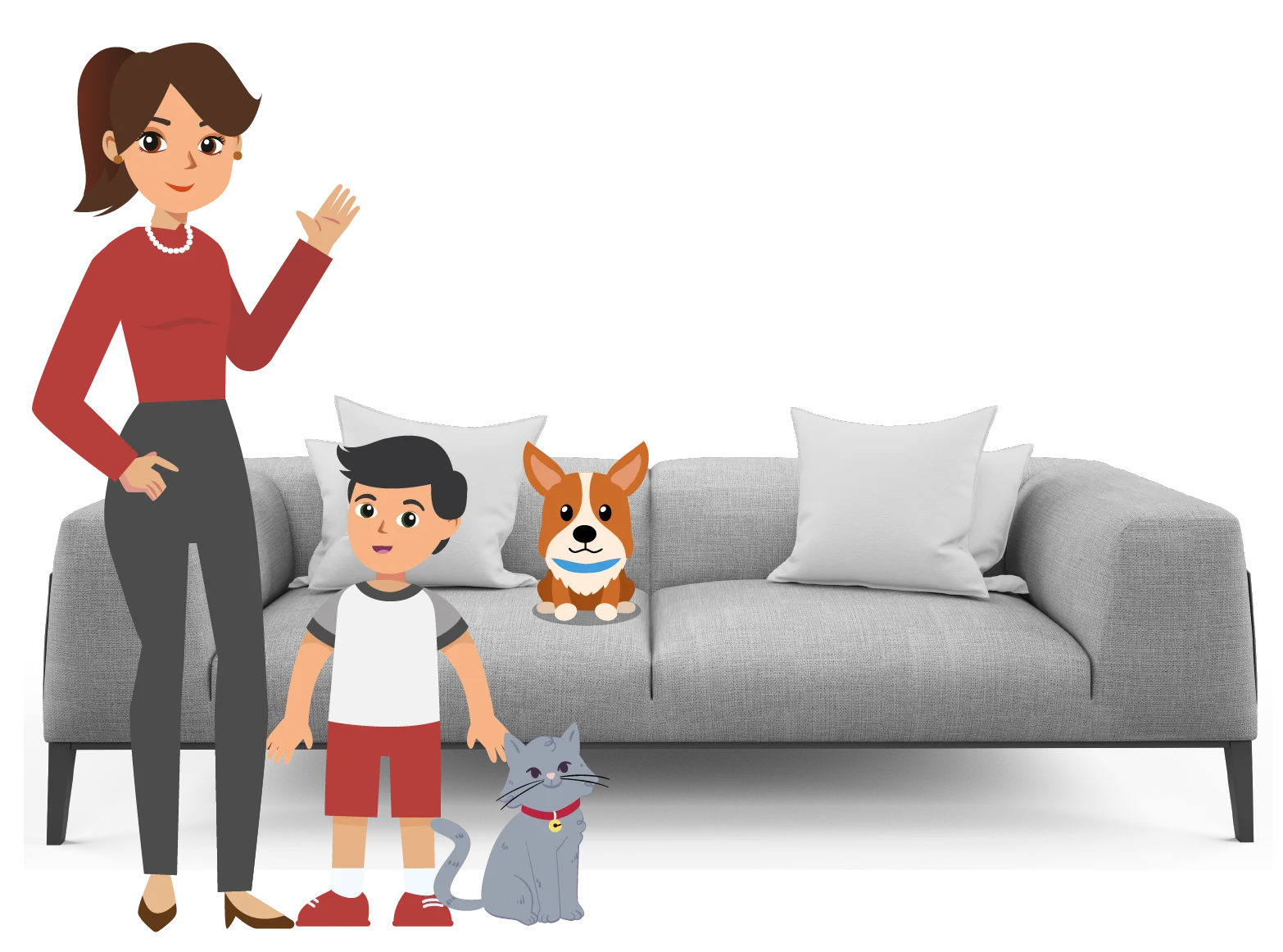 Iconos de mama e hijo con sus mascotas y de fondo un sofá.