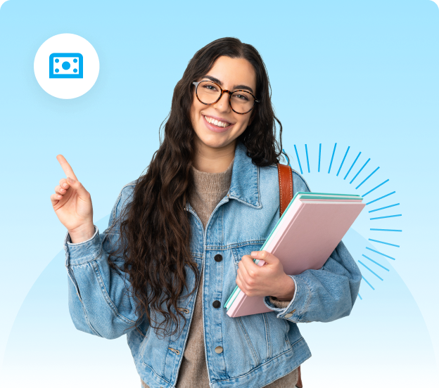 Joven estudiante sonriente senalando con mano izquierda Joven estudiante sonriente senalando con mano izquierda