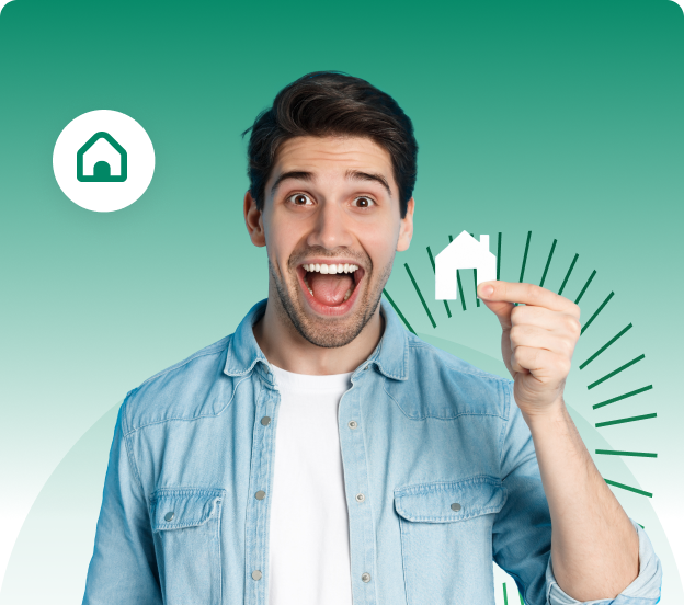 Joven sonriente alegre mostrando un dibujo de casa Joven sonriente alegre mostrando un dibujo de casa