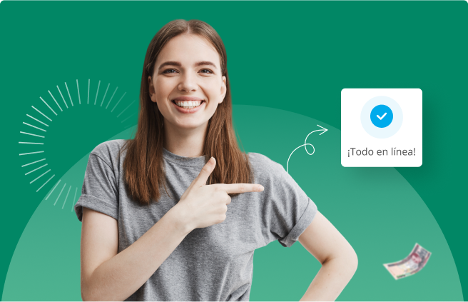 Mujer sonriendo y senalando con su dedo