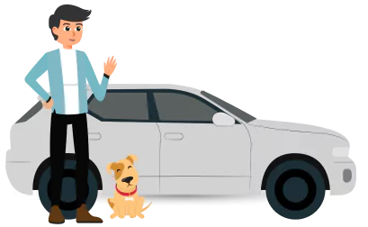 Joven con su mascota en automóvil Joven con su mascota en automóvil